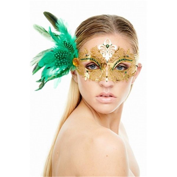 Perfectpretend Classic Crowne Gold Laser Cut Masquerade Mask with Green Flower Arrangement - One Size PE2446128